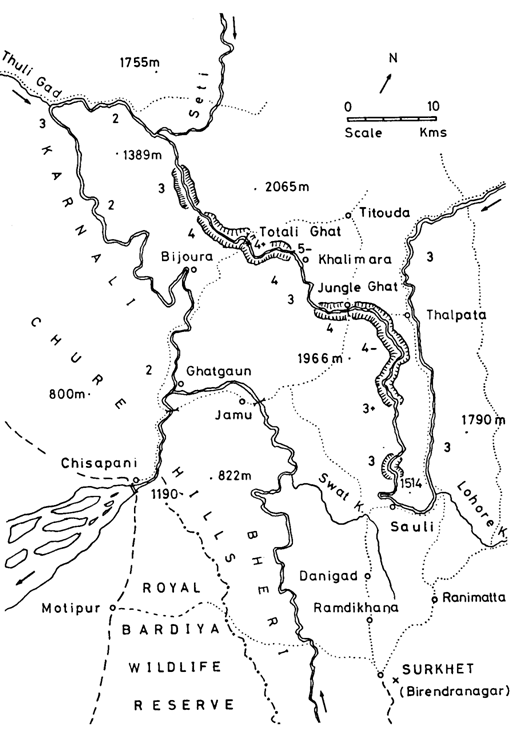 Схема нижнего течения реки Карнали.