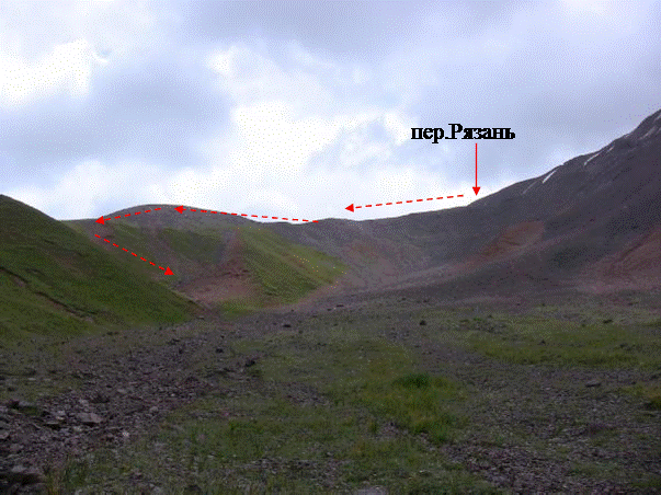 Вид на перевал Рязань с правого борта ледника Кургырсуу