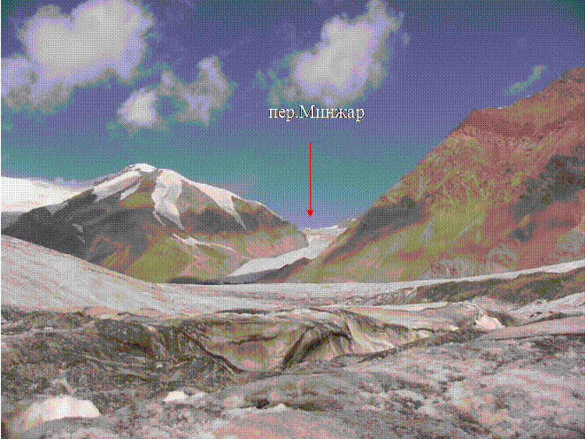 Вид на перевал Минжар со стороны ледника Кузгун